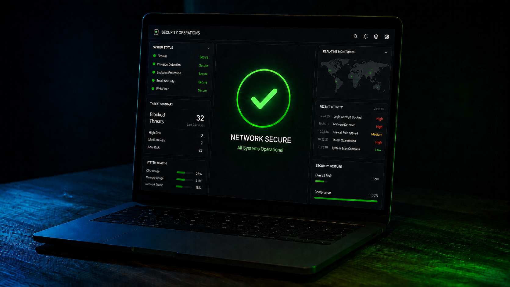 Cybersecurity monitoring dashboard on a laptop